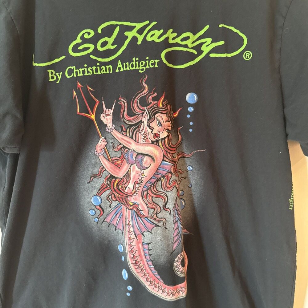 Ed Hardy Christian Audigier Devil Mermaid Graphic T-Shirt Black USA | Men's XL - Picture 2 of 10